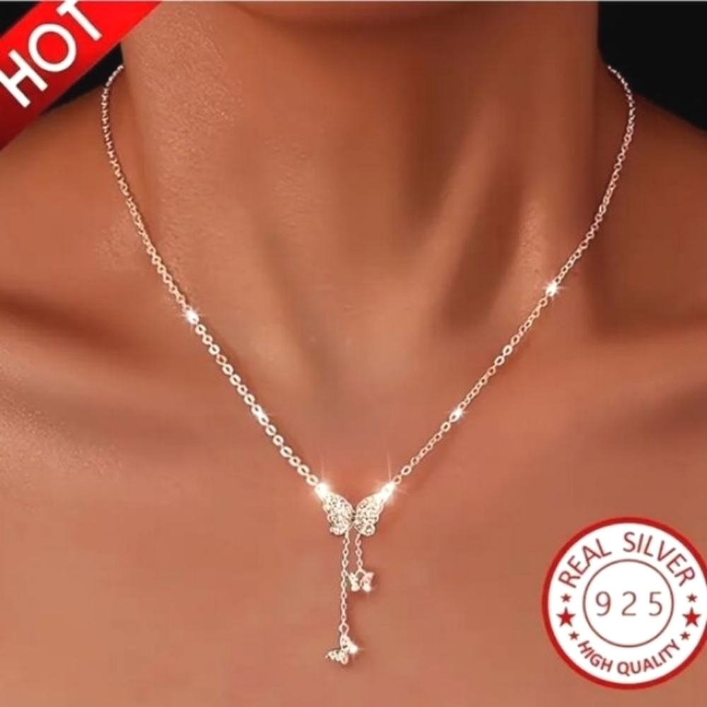 Ladies Elegant Sterling Silver Butterfly Necklace